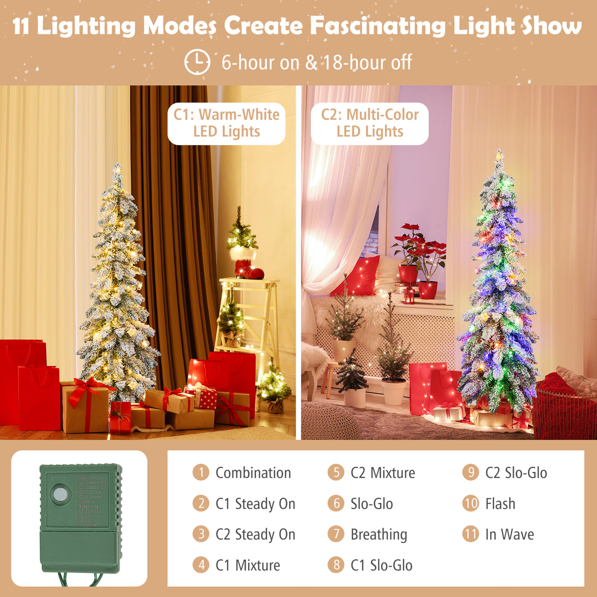 Topbuy 4FT Pre-lit Artificial Christmas Tree Snow-flocked Xmas Pencil Tree with 225 Branch Tips 100 LED Lights 2 Lighting Colors