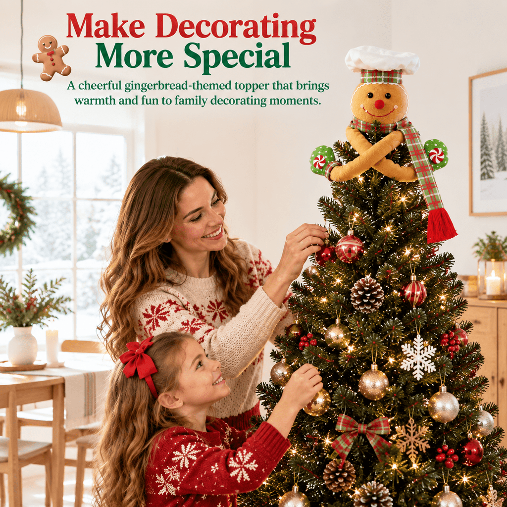 Green White Plush Gingerbread Man Christmas Tree Topper with Rotating LED Light