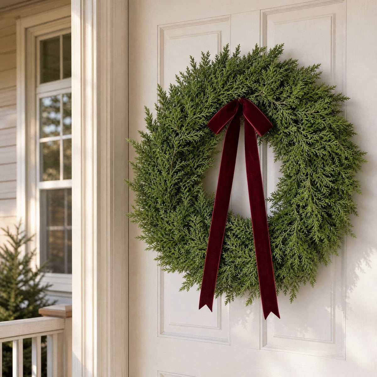 QualiVow Artificial Christmas Wreath with Burgundy Bow, 11.81in Faux Cedar Front Door Decor
