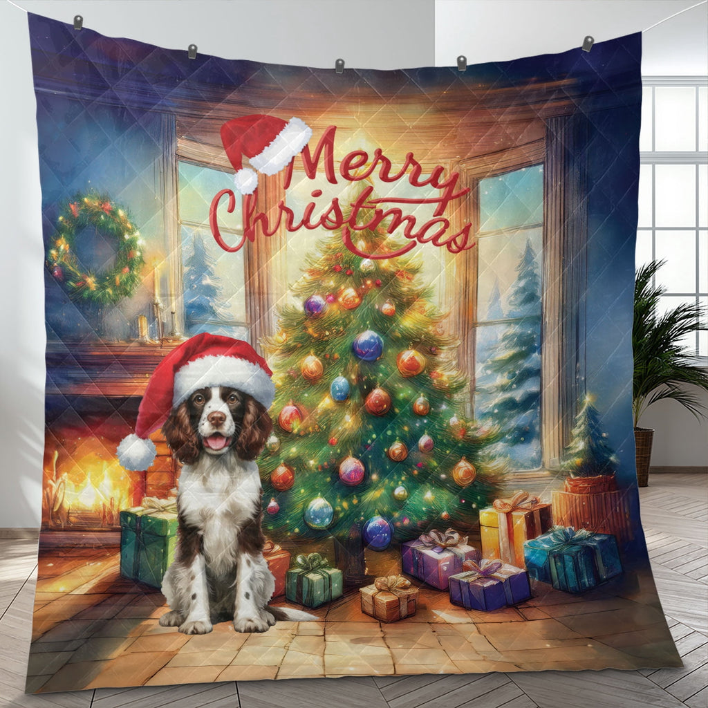 Merry Christmas French Bulldog Santa Hat Xmas Tree Winter Holiday Quilt Bedding Set Dog Lover Gifts 1 Blanket Bed Cover 2 Pillowcases - 01013