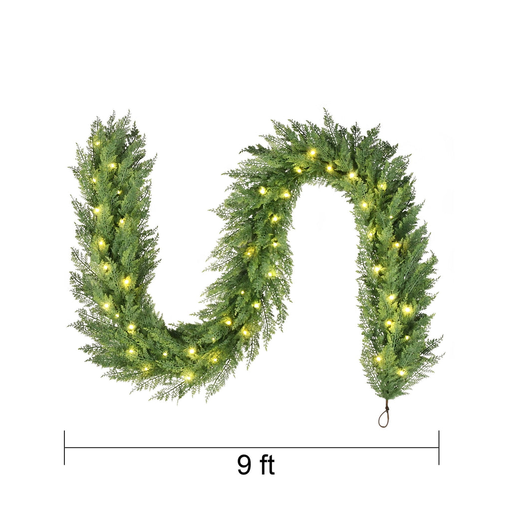 My Texas House Cypress Pre-Lit Warm White LED Artificial Christmas Garland, Green, 9'