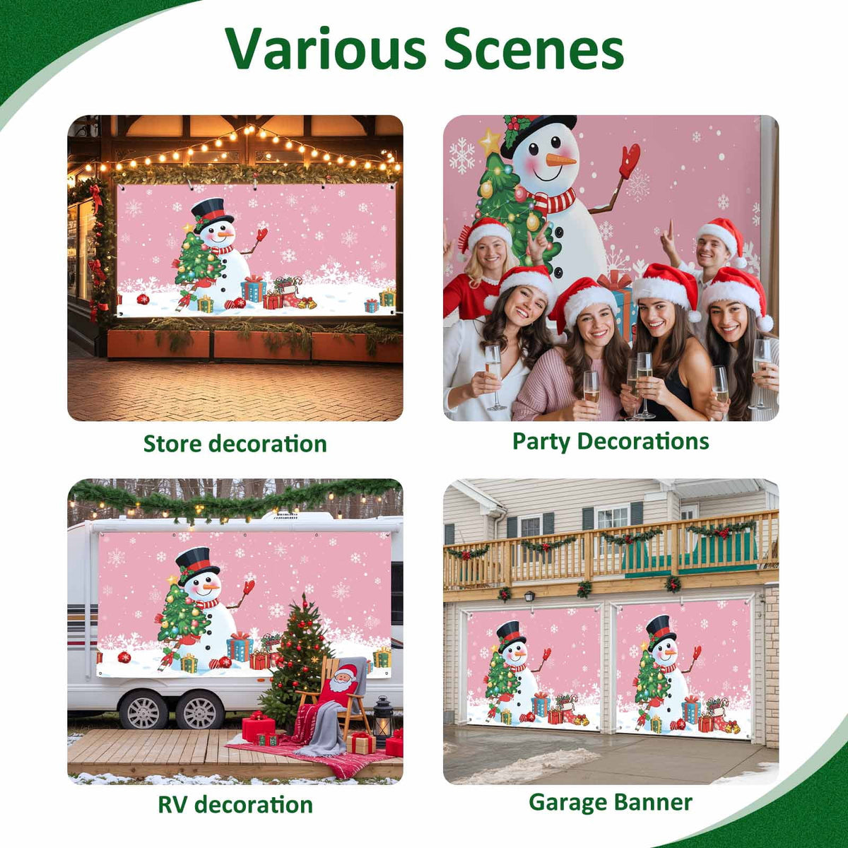 Fsddascl 7 x 16 Ft Christmas Garage Door Cover, Pink Snowman Christmas Large Garage Door Banner, Xmas Tree Snowflake Balls Gifts Hanging Garage Mural Background for Indoor Outdoor Xmas Party Supplies
