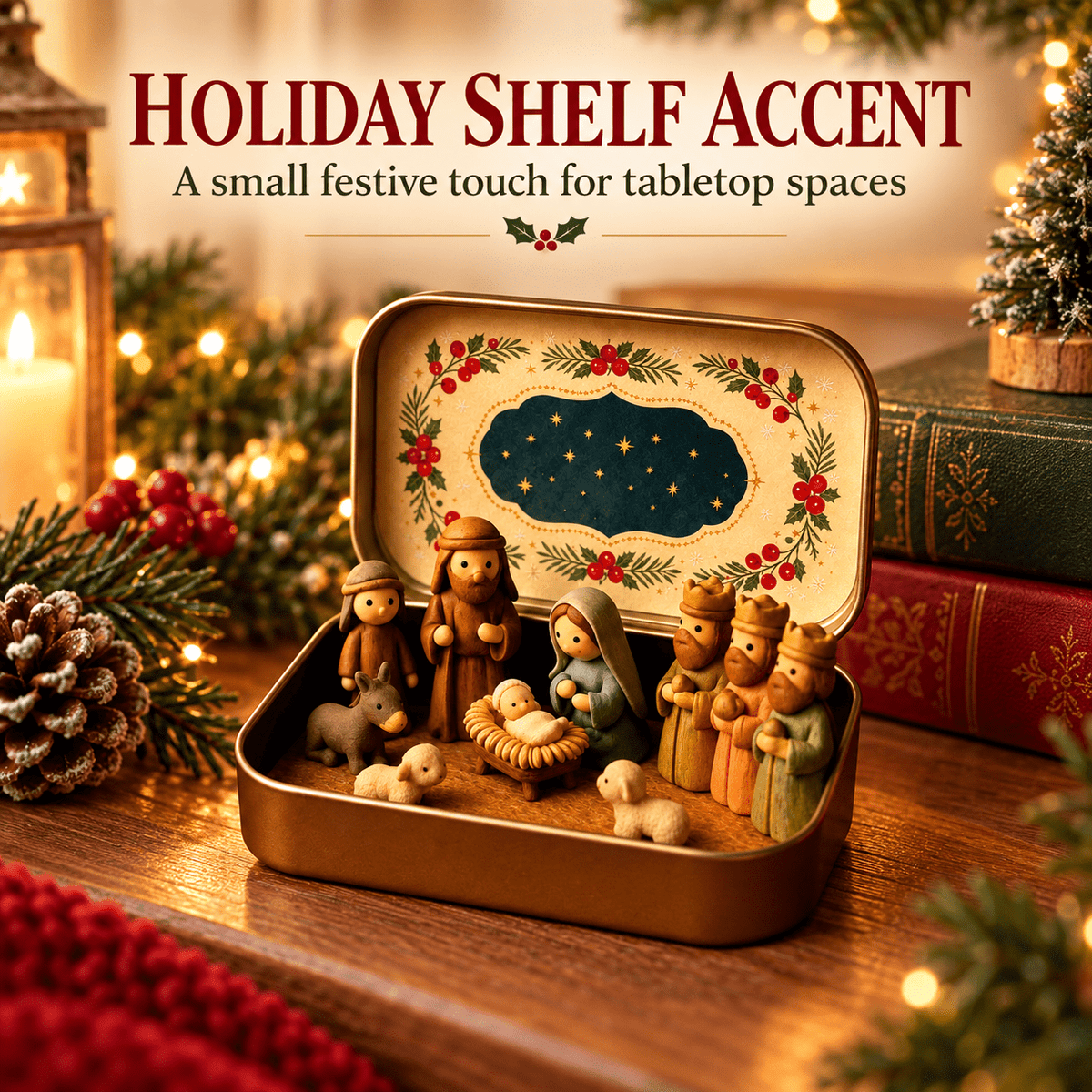Christmas Nativity Scene in a Tin Mini Manger Scene Portable Tin Box Tabletop Decor for Mantel Shelf Fireplace Desk Holiday Decoration