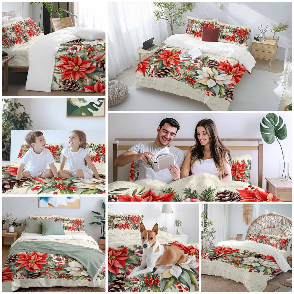 Red White Flowers Bedding Duvet Cover Set Twin 4 Pieces Pine Cone Winter Snowflakes Christmas Vintage Letter Bedding Set with Zipper Closure,1 Comforter Cover 68x90 In 1 Flat Sheet & 2 Pillow Cases