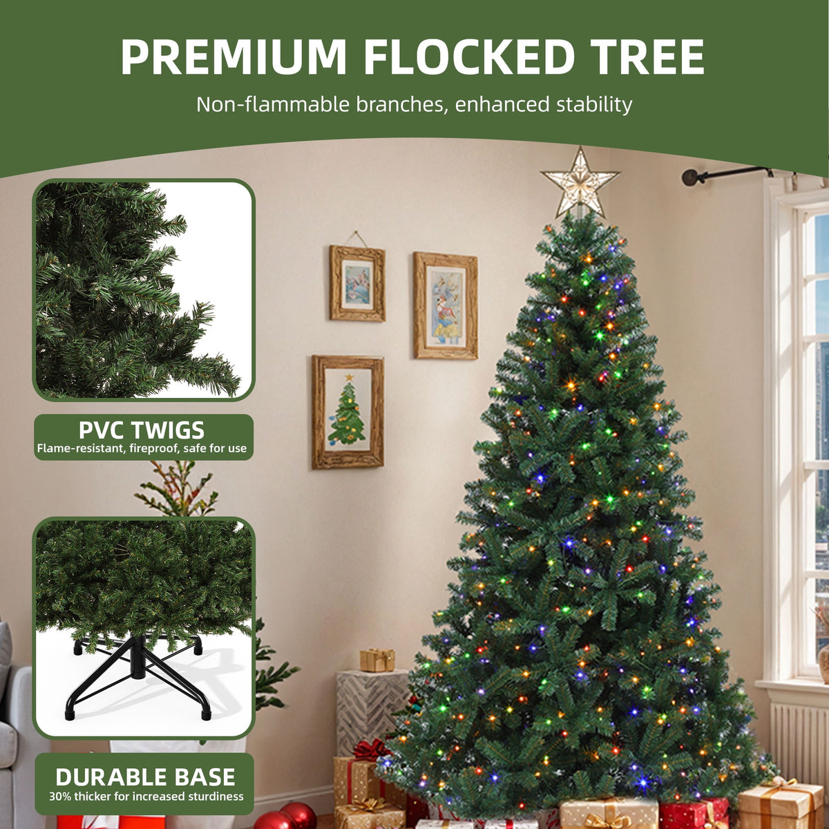 Uforic 6ft Pre-Lit Artificial Christmas Tree with 1000 Branch Tips&250 Warm Lights, Remote Control, Green