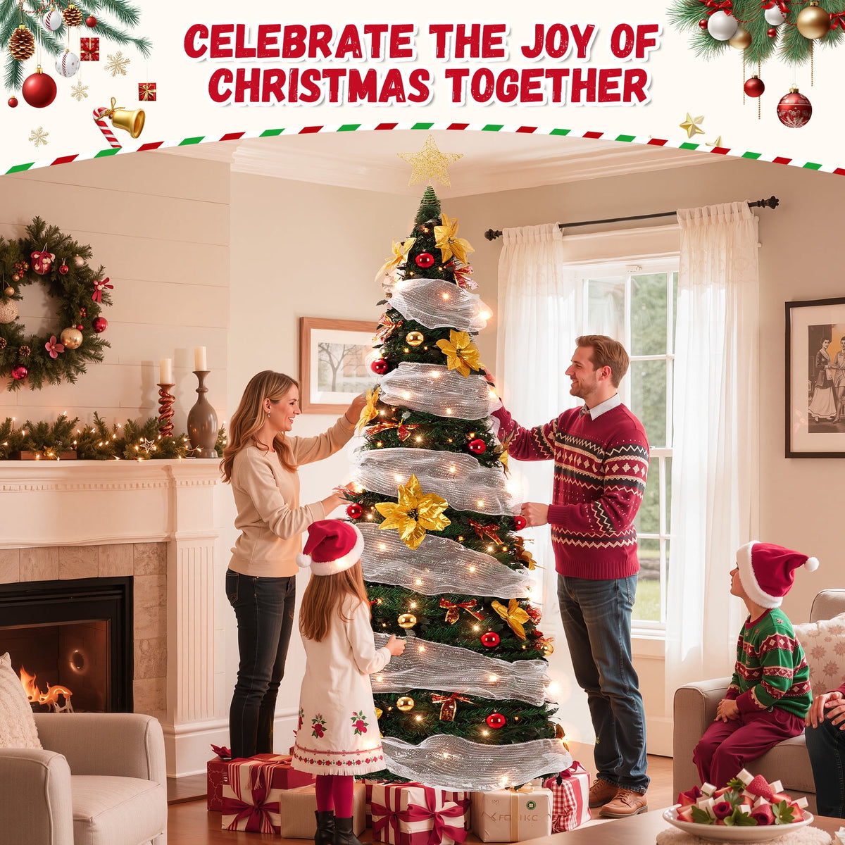 Yexmas 7.5FT Pre-Lit Christmas Tree,Green Pop Up Christmas Trees for Indoor Holiday Party Decorations