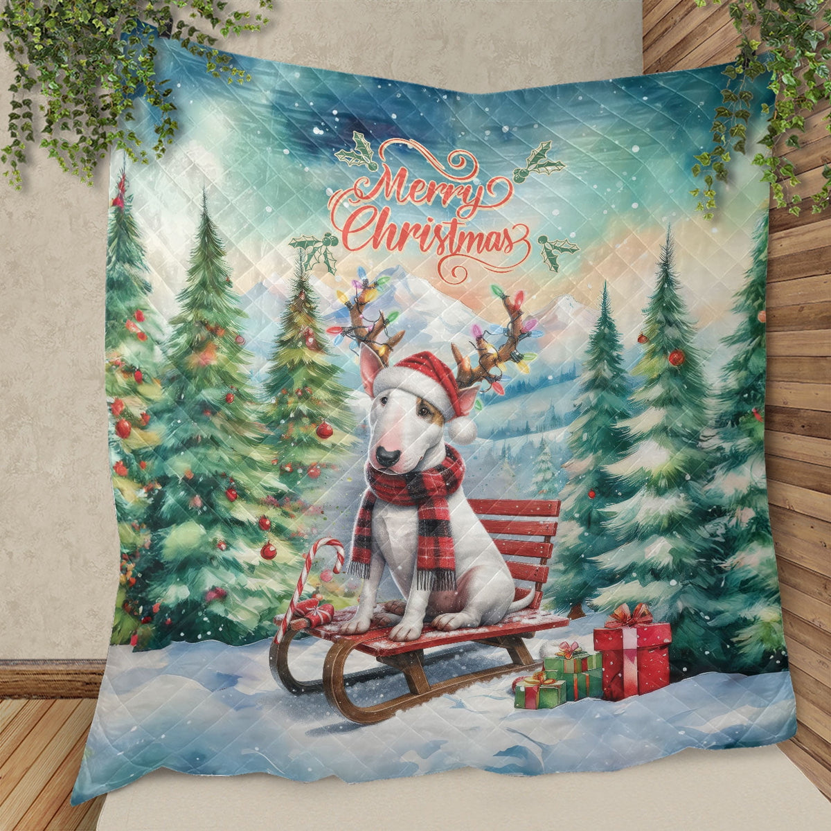 Merry Christmas Santa Reindeer Antlers French Bulldog Sleigh Xmas Winter Holiday Quilt Bedding Set Dog Lover Gifts 1 Blanket Bed Cover 2 Pillowcases - 00023