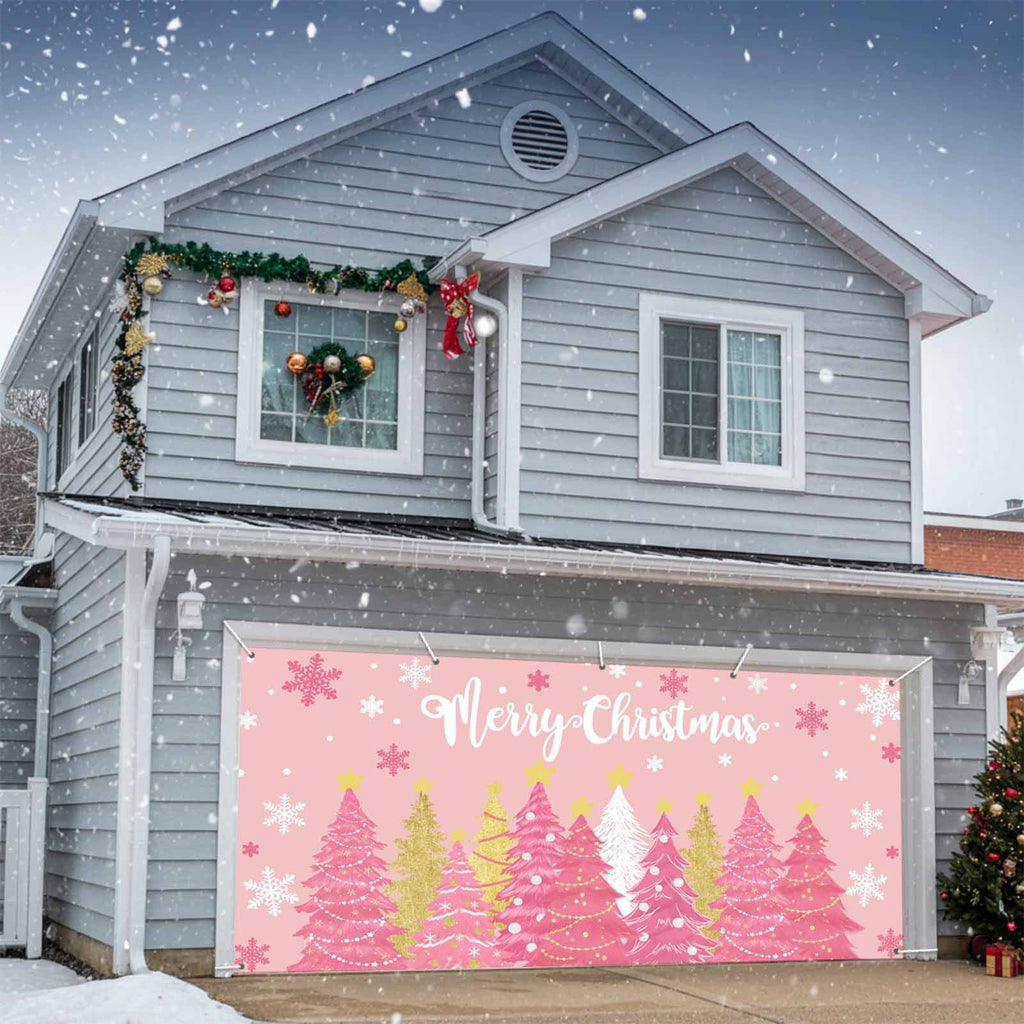 Fsddascl 7 x 16 Ft Christmas Garage Door Cover, Black Christmas Tree Large Garage Door Banner, Xmas Snowflake Green Golden Hanging Garage Mural Background for Indoor Outdoor Xmas Party Supplies