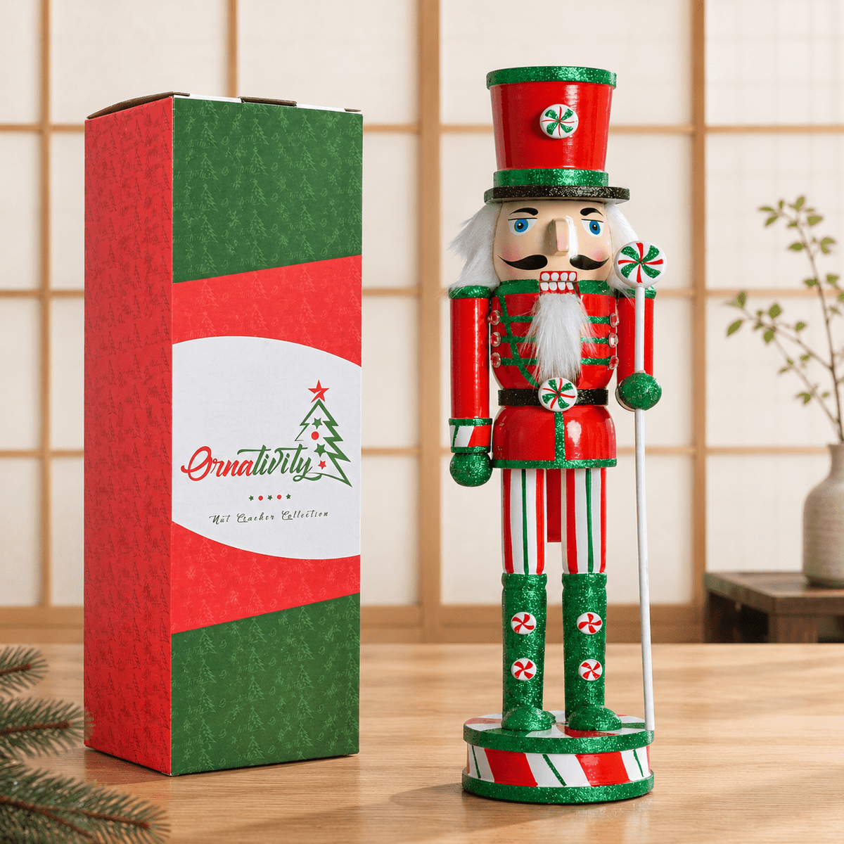 15 Inch Wooden Peppermint Christmas Nutcracker Soldier Decoration