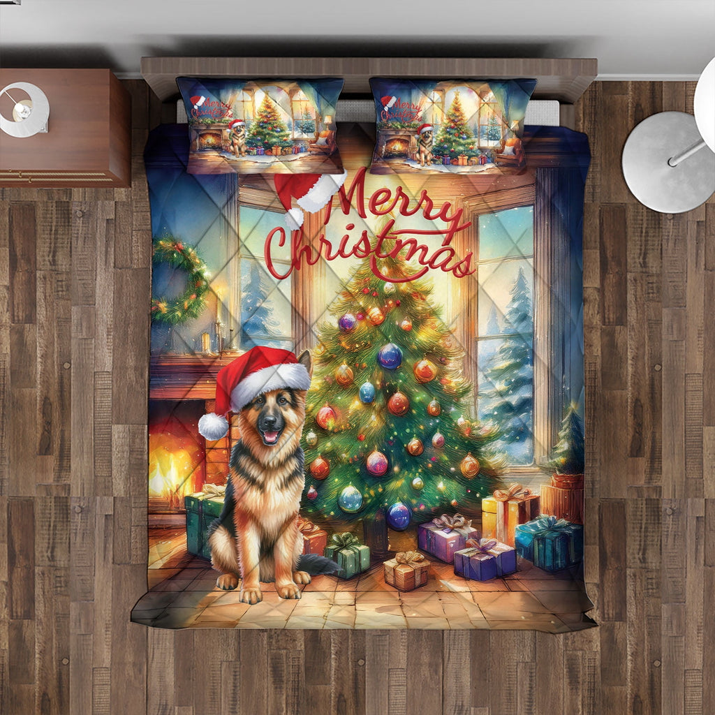 Merry Christmas French Bulldog Santa Hat Xmas Tree Winter Holiday Quilt Bedding Set Dog Lover Gifts 1 Blanket Bed Cover 2 Pillowcases - 01013