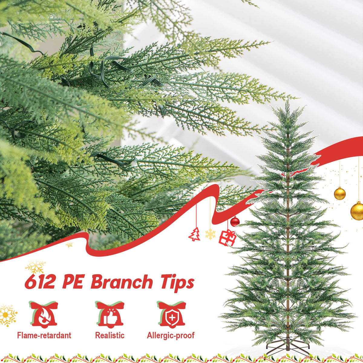 Topbuy 6.5 FT Artificial Cypress Christmas Tree Pre-lit Hinged Xmas Tree with 430 Warm White LED Lights 470 Highly Simulated Branch Tips