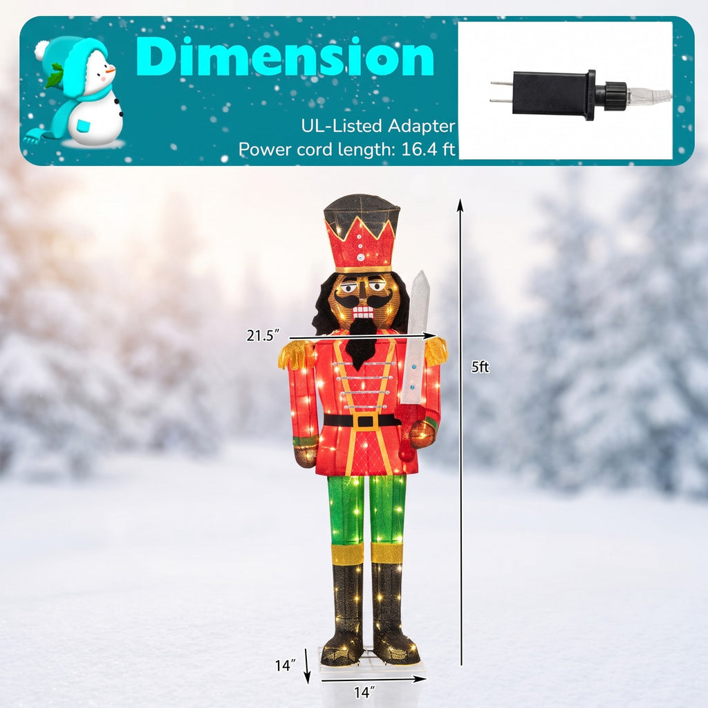 Airfind 5 FT Lighted Christmas Nutcracker with Glitter Sword for Outdoor, Metal Tinsel Frame, 21.5" x 5 ft Footprint, Multi-color