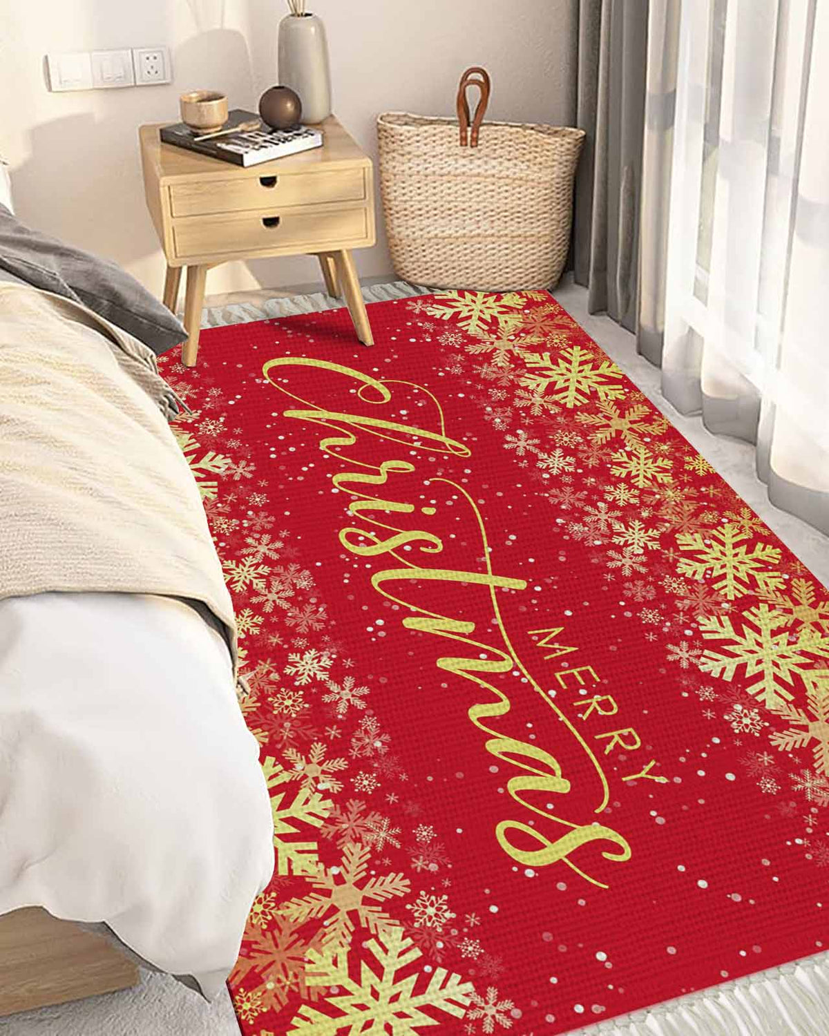 Merry Christmas Area Rug 3x5ft Woven Runner Rug,Winter Snowflake Xmas Aesthetic Red Washable Living Room Hallway Bedroom Kitchen Carpet with Tassels,Indoor Outdoor Throw Door Mat for Entryway