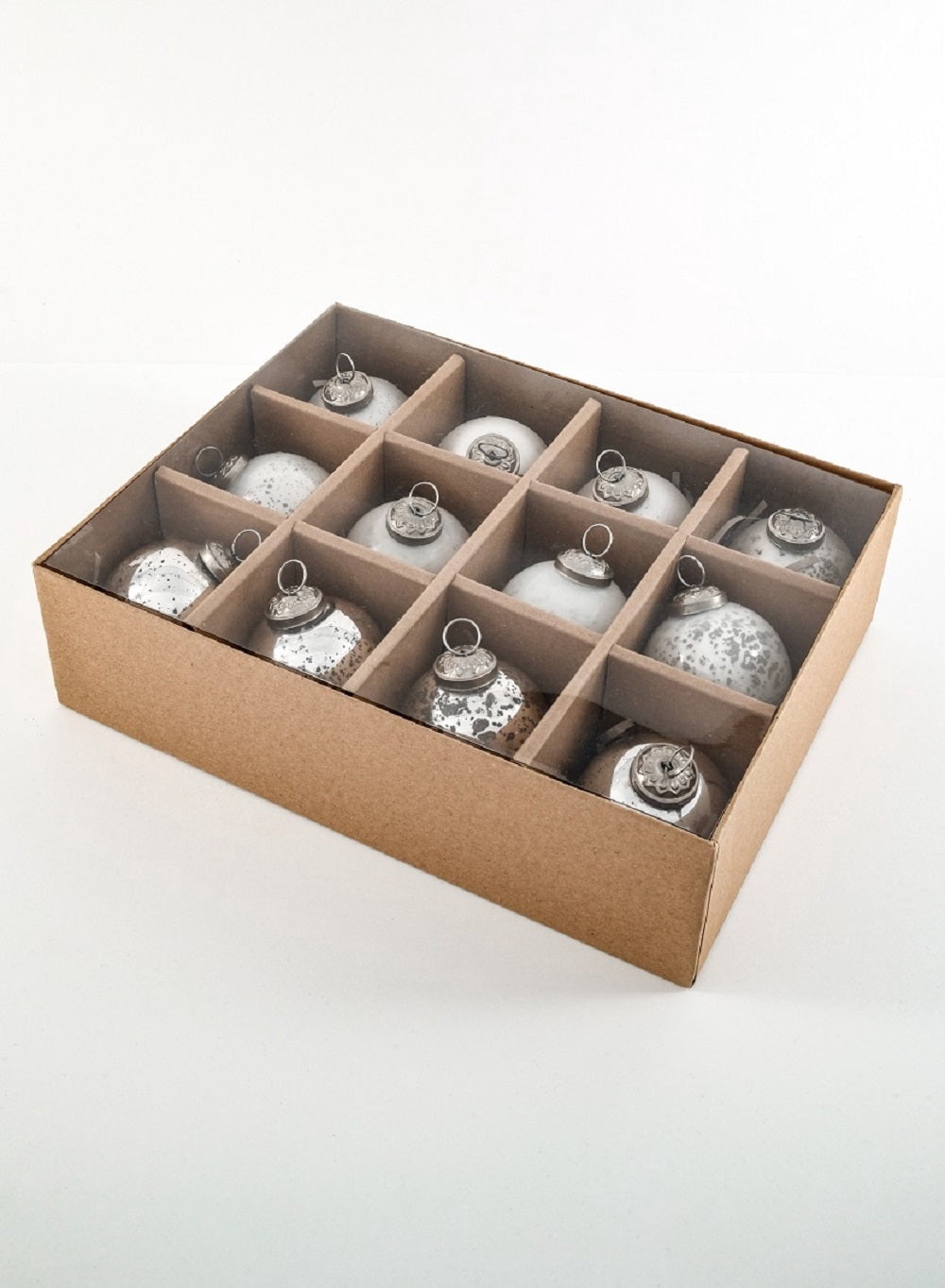 Serene Spaces Living Vintage Style Gold, Blue & Silver Glass Ball Ornaments, Set of 12