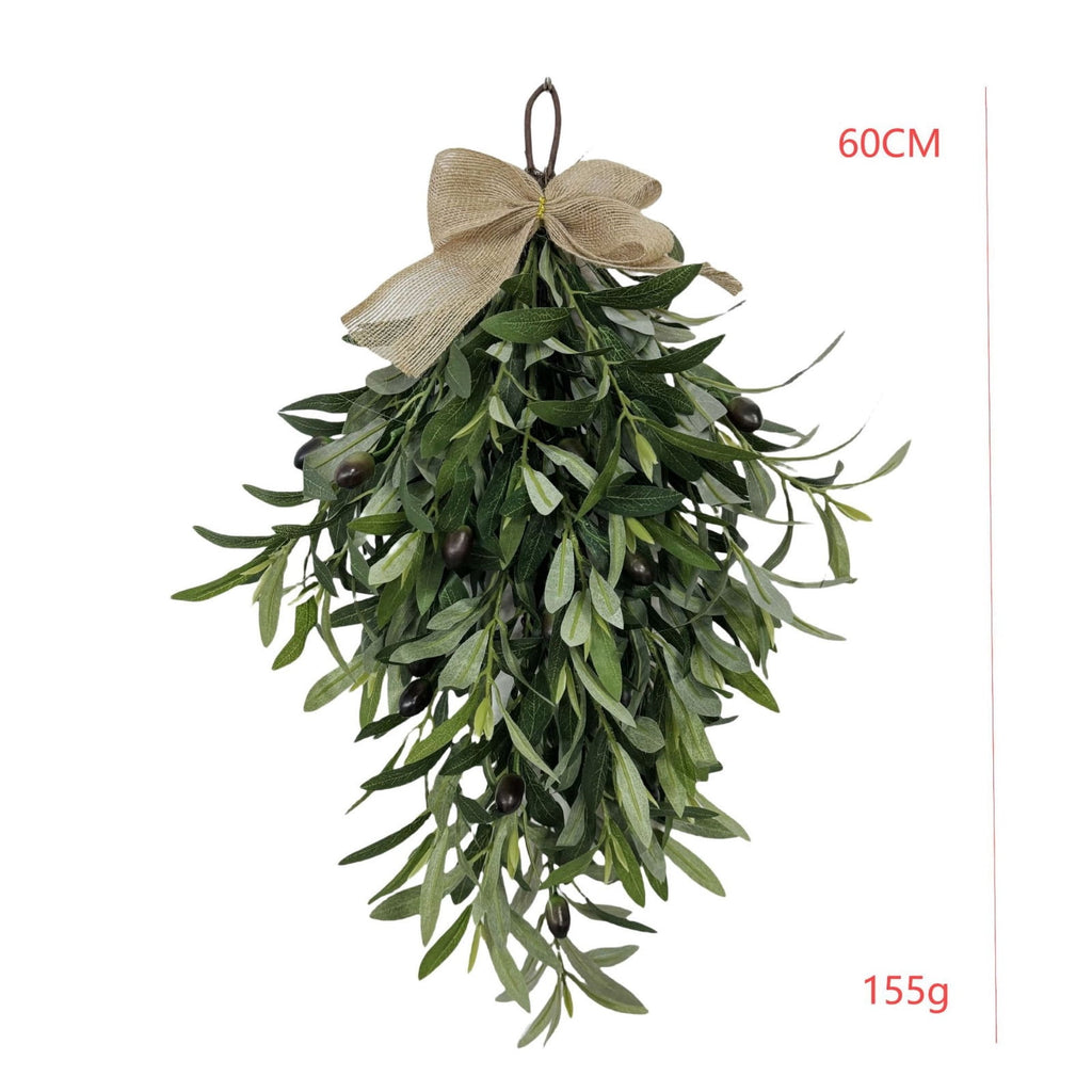 COM1950s 24 Inch Artificial Olive Wreath for Spring, Teardrop Hanging Floral Wreath with Burlap Bow for Front Door, Wall Decor, Indoor Outdoor Home Decoration