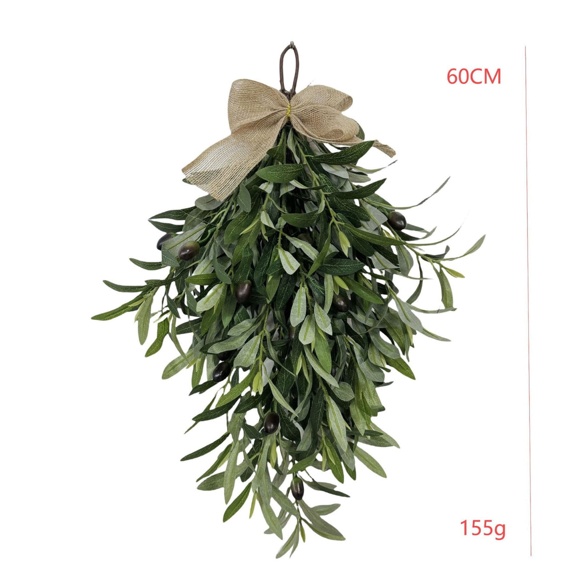 COM1950s 24 Inch Artificial Olive Wreath for Spring, Teardrop Hanging Floral Wreath with Burlap Bow for Front Door, Wall Decor, Indoor Outdoor Home Decoration