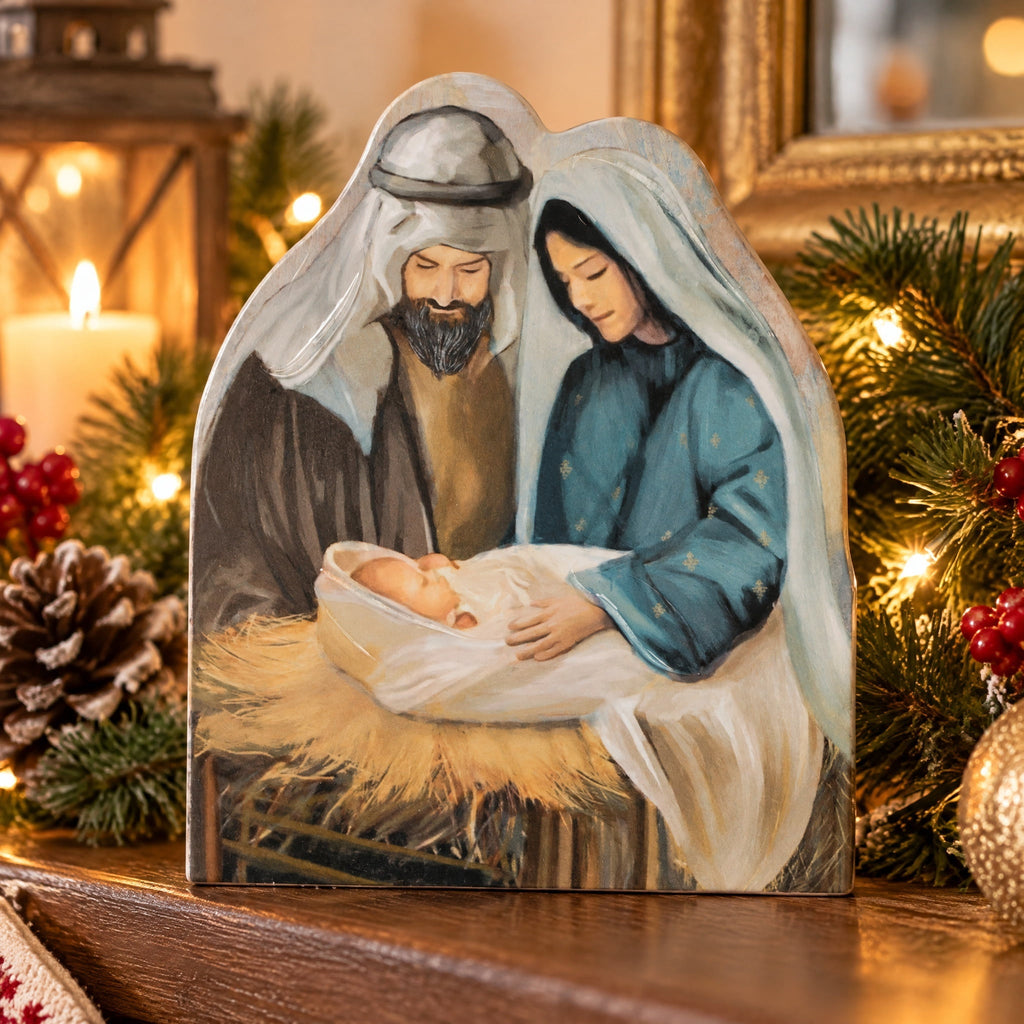 Mary, Joseph, and Baby Jesus Nativity Block Artwork Christmas Decoration, Multicolor, 5.3", by Holiday Time