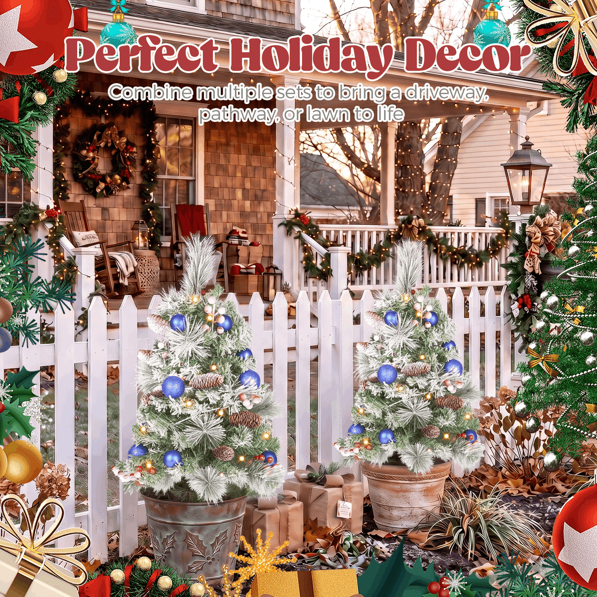 2 Pack 30 inch Prelit Outdoor Christmas Tree, Small Pre-Decorated Green Xmas Tree with Cones & Red Berries, 30 Warm Lights, Urn Filler Holiday Decor for Entrance Driveway, Yard, Garden