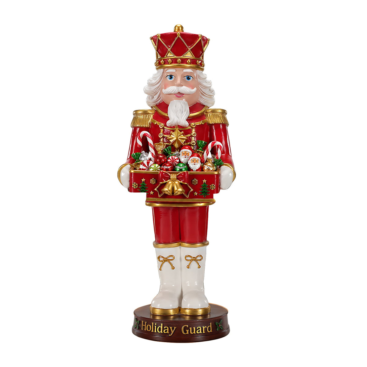 Christmas Nutcracker Soldier Statue with Serving Tray, Red & Gold Holiday Guard Figurine