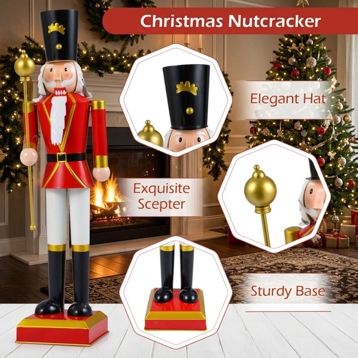 RUIE 32.5 Inch Christmas Nutcracker with High Hat and Scepter, Black & Red Metal Nutcracker Soldier with Hidden Storage for Indoor Outdoor Holiday