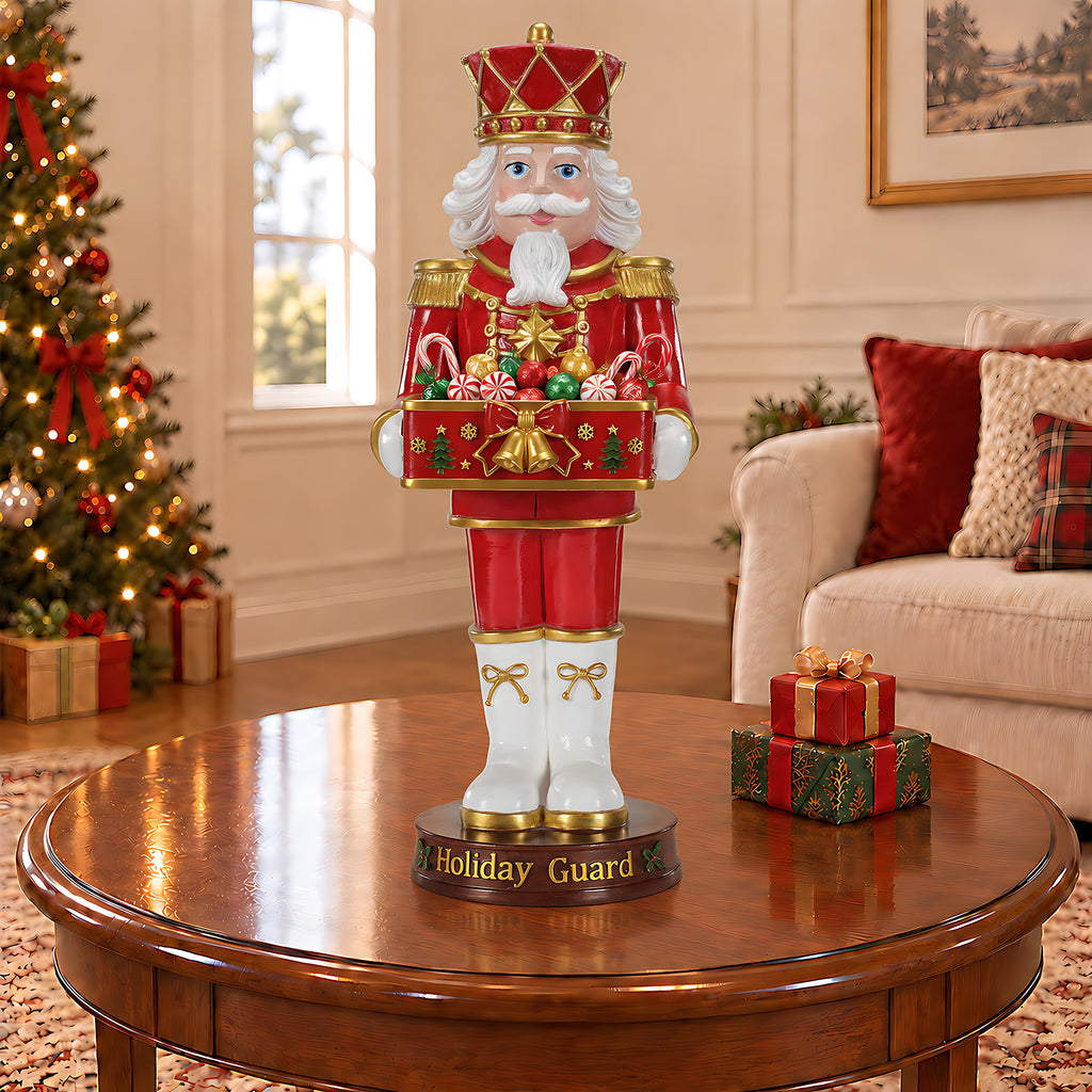 Christmas Nutcracker Soldier Statue with Serving Tray, Red & Gold Holiday Guard Figurine
