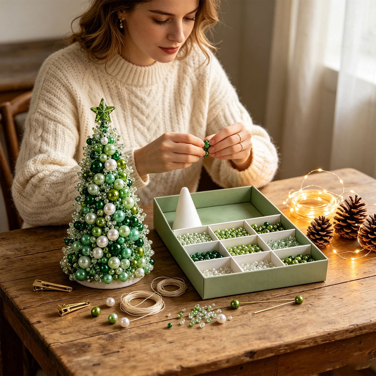 DIY Beaded Christmas Tree Kit - Handmade Mini Tabletop Xmas Tree with Santa Topper, Built-In Warm Lights, Holiday Decor Craft Gift for Adults