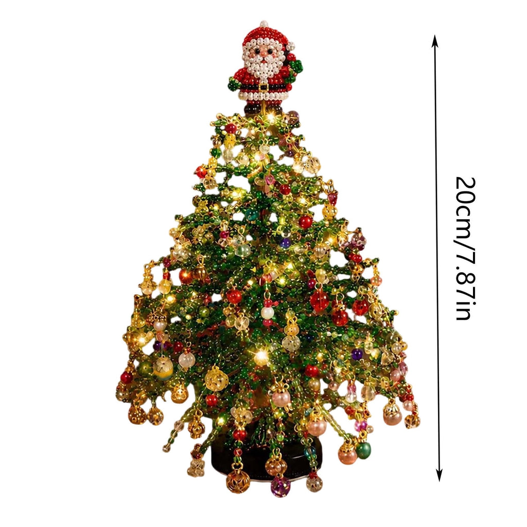 DIY Beaded Christmas Tree Kit - Handmade Mini Tabletop Xmas Tree with Santa Topper, Built-In Warm Lights, Holiday Decor Craft Gift for Adults