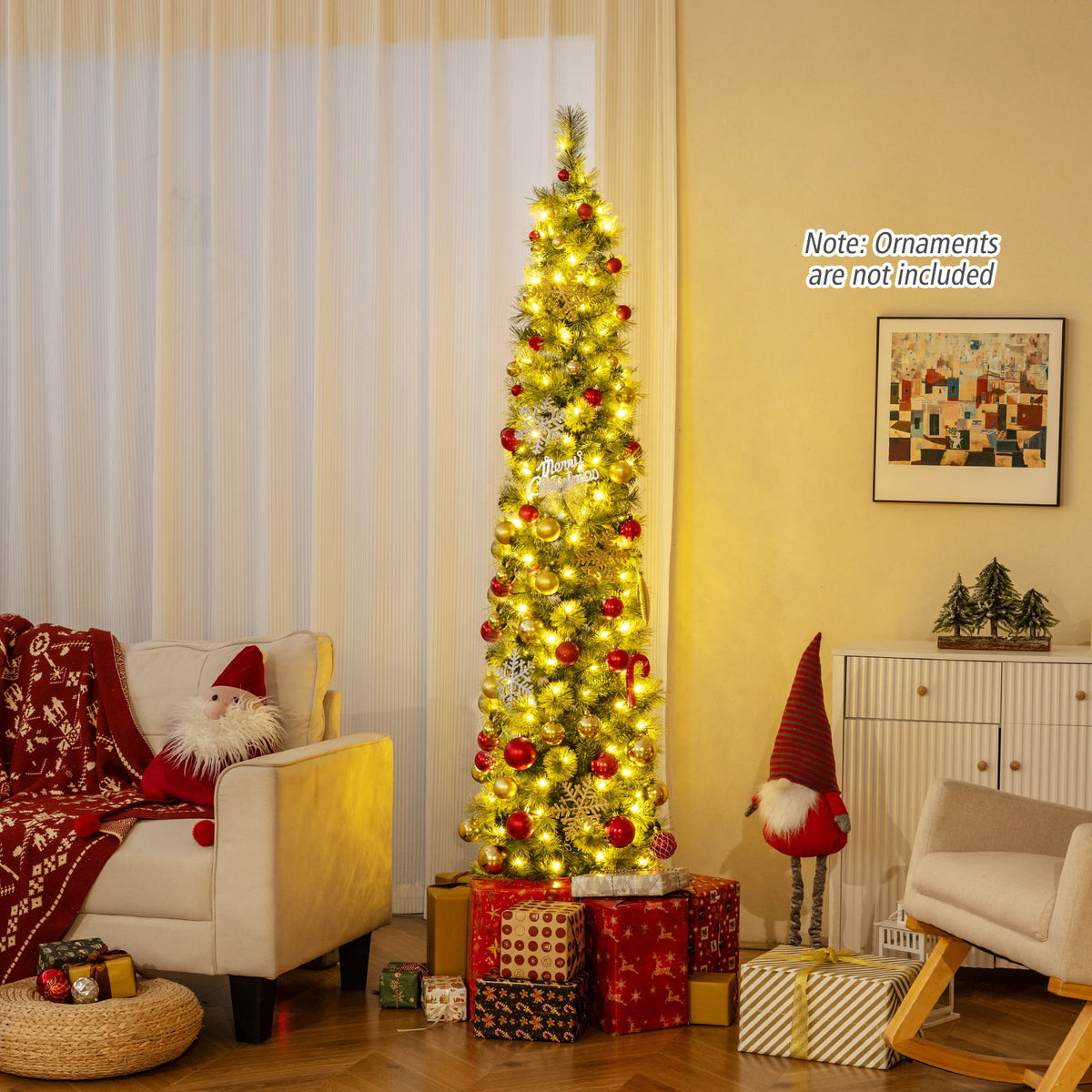 Costway 7 FT Pre-Lit Pencil Artificial Christmas Tree with 150 LED Warm White Lights,8 Modes