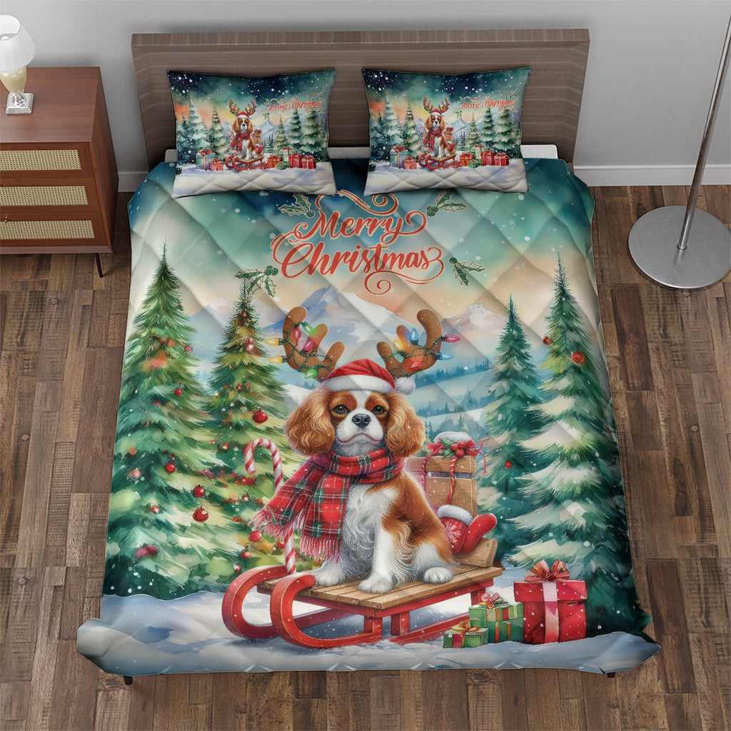 Merry Christmas Santa Reindeer Antlers French Bulldog Sleigh Xmas Winter Holiday Quilt Bedding Set Dog Lover Gifts 1 Blanket Bed Cover 2 Pillowcases - 00023