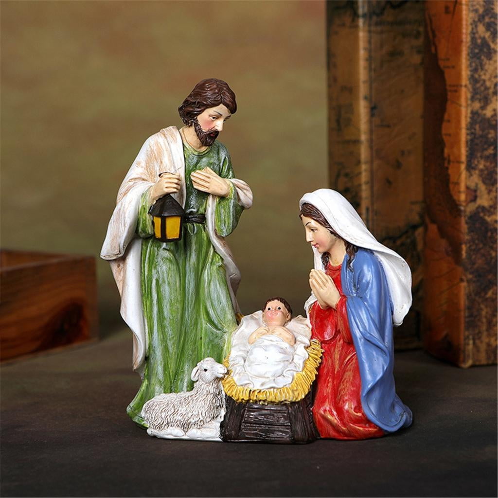 Osdhezcn Friendly Resin Nativity Set LED Light Holy Family Three Persons Christmas Decoration for Indoor Festival Ambiances