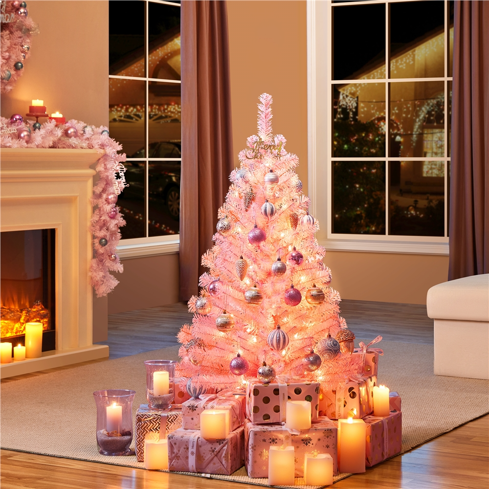 Alden Design 4ft Pre-lit Artificial Christmas Tree with 70 Incandescent Lights, Pink