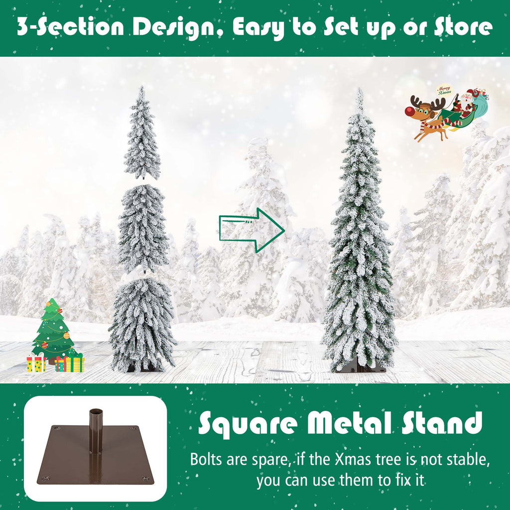 Costway 5 FT Pre-Lit Slim Christmas Tree Flocked Xmas Decoration 11 Modes 150 LED Lights