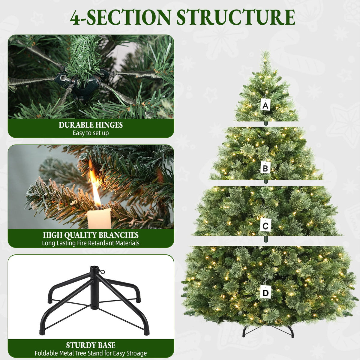 VIVATREES 6ft Pre-lit Artificial Christmas Tree 930 Hinged Branch Tips Spruce w/ Pine Needle 350 Warm White LED Lights Foldable Base