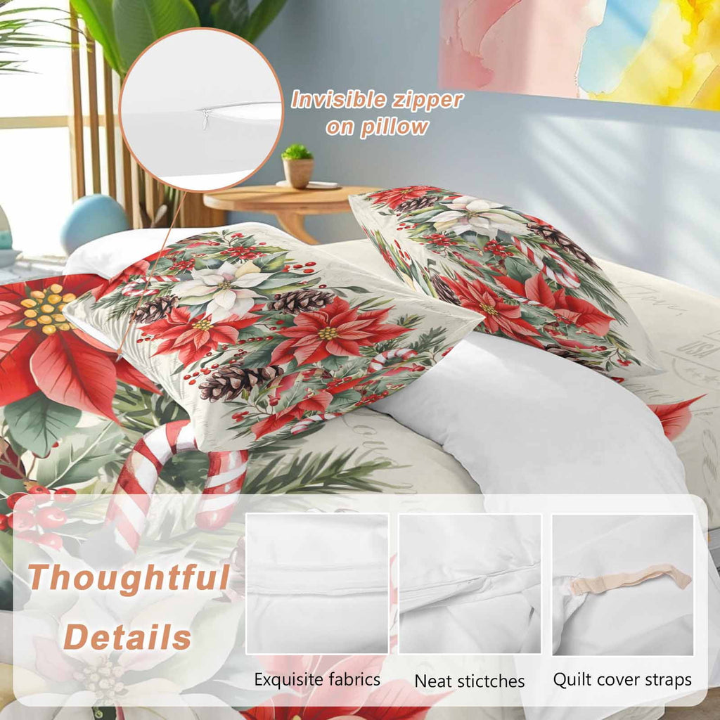 Red White Flowers Bedding Duvet Cover Set Twin 4 Pieces Pine Cone Winter Snowflakes Christmas Vintage Letter Bedding Set with Zipper Closure,1 Comforter Cover 68x90 In 1 Flat Sheet & 2 Pillow Cases