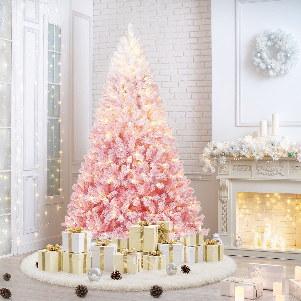 4.5/6/7.5/9/12 ft Artificial Christmas Tree with Warm White LED Lights, Pink Gradient Snow Frosted Xmas Tree for Holiday Decoration with 300 Realistic Branch Tips & Metal Stand