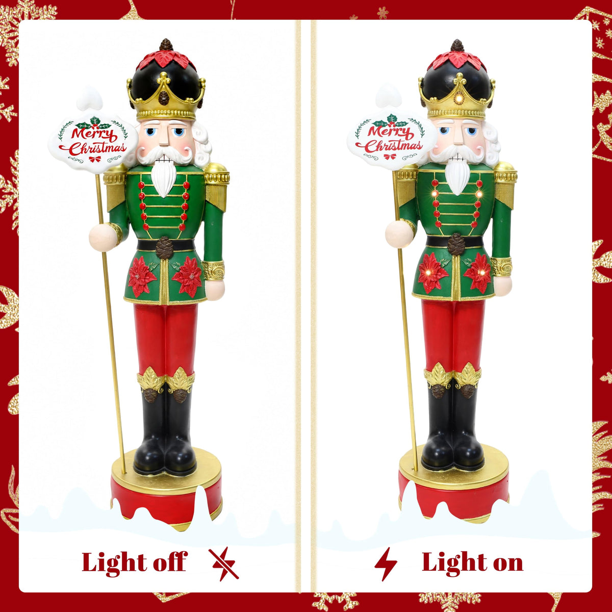 Langford Home 3.7 Ft Battery Operated Prelit Poinsettia-Theme Christmas Nutcracker with Merry Christmas Sign
