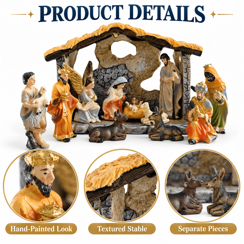 LUMIARTISAN 12-Piece Mini Nativity Set, Resin Christmas Manger Decor