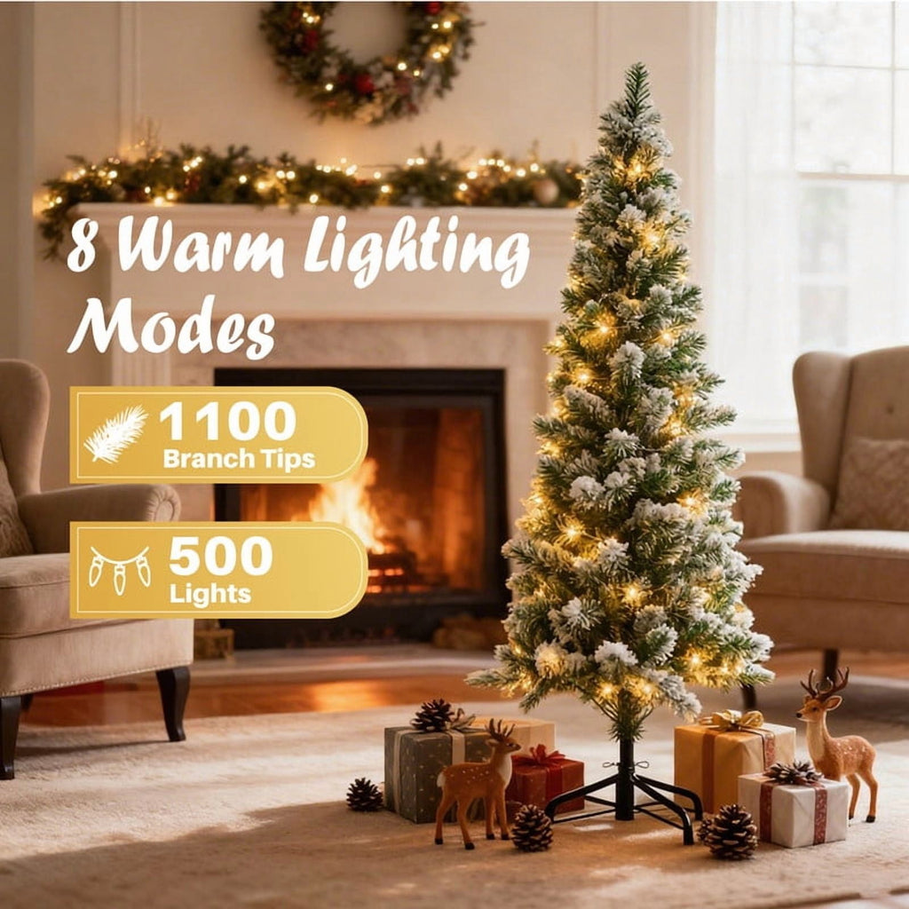 Gianna 4.5ft Pre-lit Pencil Christmas Tree, Green Artificial Spruce Slim Christmas Trees with 120 Incandescent Lights, 268 Branch Tips & Foldable Base for Home, Office, Party Decoration
