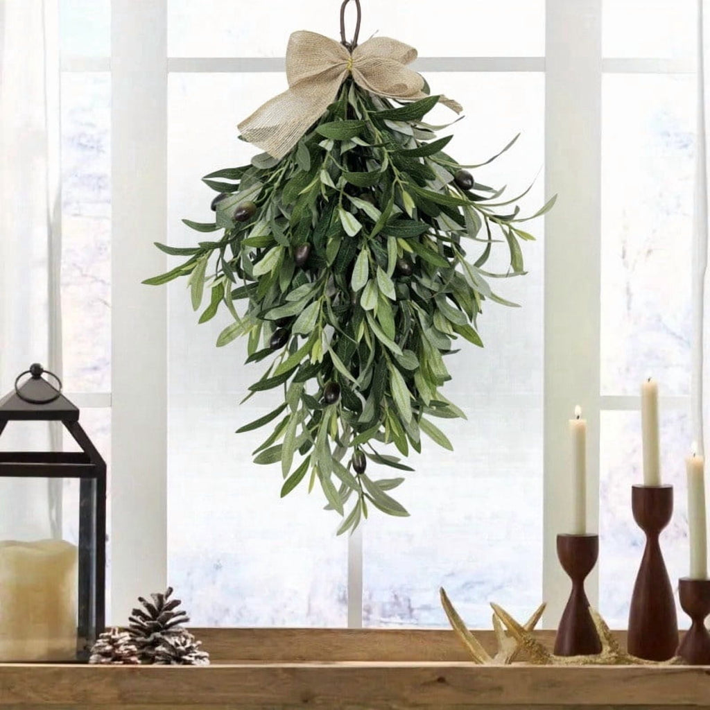 COM1950s 24 Inch Artificial Olive Wreath for Spring, Teardrop Hanging Floral Wreath with Burlap Bow for Front Door, Wall Decor, Indoor Outdoor Home Decoration