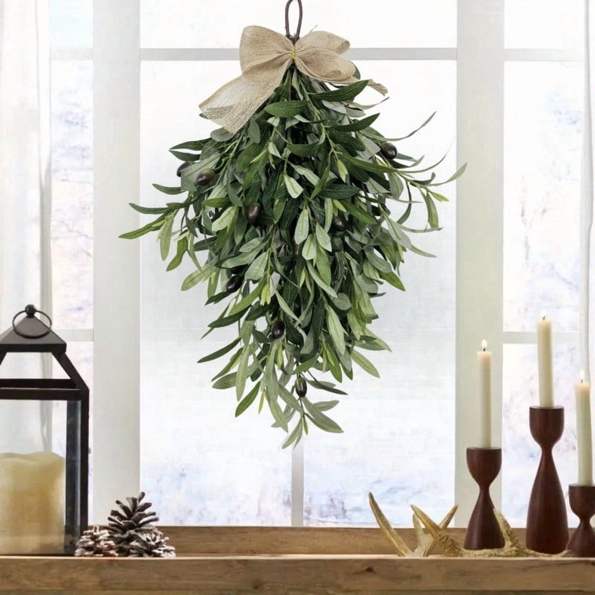 COM1950s 24 Inch Artificial Olive Wreath for Spring, Teardrop Hanging Floral Wreath with Burlap Bow for Front Door, Wall Decor, Indoor Outdoor Home Decoration