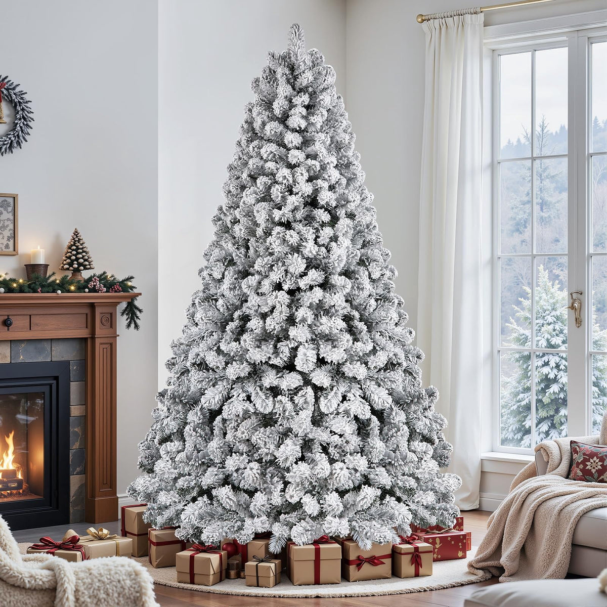 Lolsea 7ft Prelit Snow Flocked Artificial Holiday Christmas Tree w/ Warm White Lights, Foldable Stand, Full Snow Branch Tips