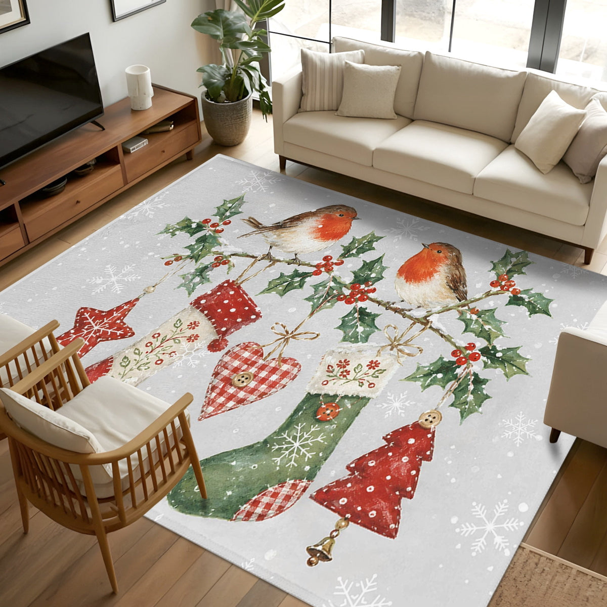 8x10 Area Rugs, Christmas Stocking Non-Skid Rubber Backing Large Rectangle Rugs - Living Room Bedroom Home Office, Winter Snowflake Berry Birds Xmas Indoor Floor Mat Carpets Washable Rug