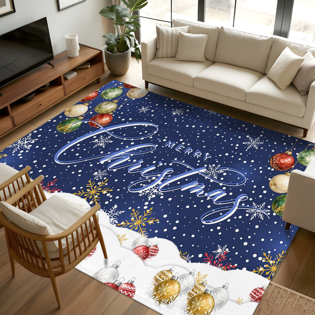 8x10 Area Rugs, Navy Blue Christmas Non-Skid Rubber Backing Large Rectangle Rugs - Living Room Bedroom Home Office, Xmas Snowflake Balls Snowy Sparkle Indoor Floor Mat Carpets Washable Rug