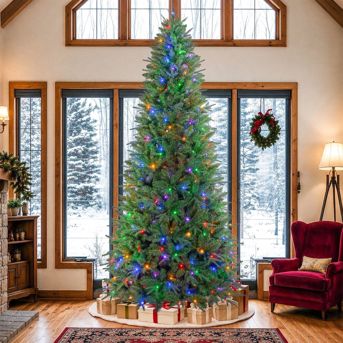 Goosiay 6ft Pre-Lit Christmas Tree, Artificial Aspen Fir Xmas Tree with 1300 PE PVC Branch Tips & Folding Metal Stand, Festive Decoration Tree for Home, Office & Carnival, Green
