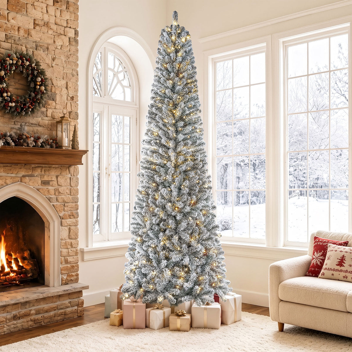 Goosiay 7ft Snow Flocked Pencil Christmas Tree, Pre-Lit Artificial Christmas Tree with 640 Tips,300 Warm White & Multicolor Lights, 10 Modes, Slim Xmas Tree with Stand