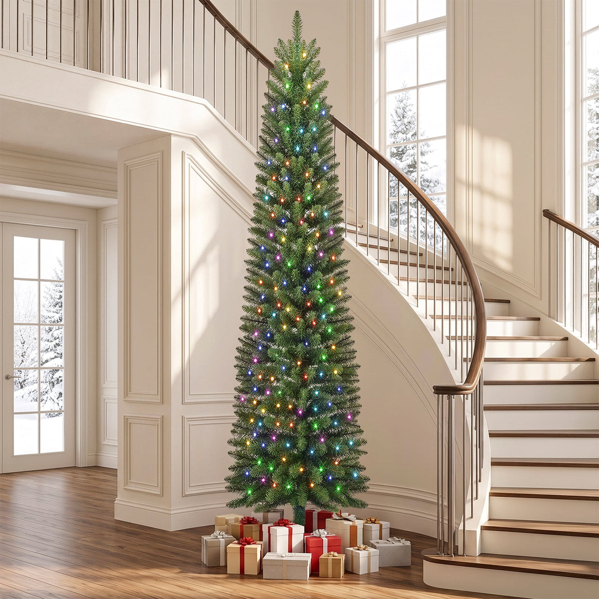 Goosiay Pre-Lit Pencil Artificial Christmas Tree, 6ft Xmas Tree with Metal Stand for Christmas Decoration, Green
