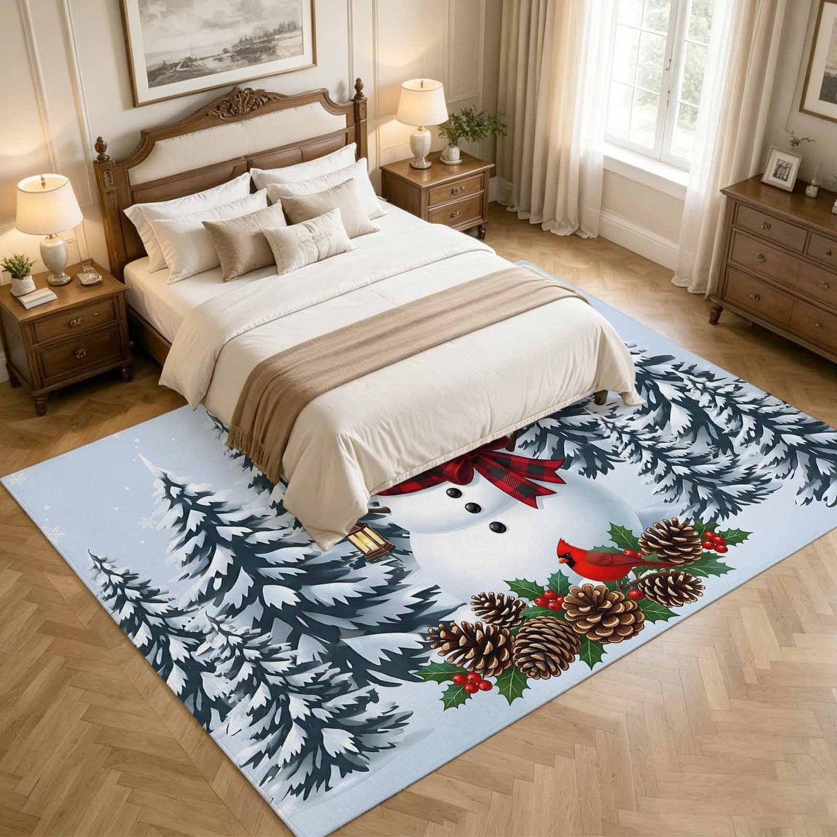 5x7 Area Rugs, Light Blue Snowman Christmas Non-Skid Rubber Backing Large Rectangle Rugs - Living Room Bedroom Home Office, Xmas Pinecone Tree Snowflake Indoor Floor Mat Carpets Washable Rug