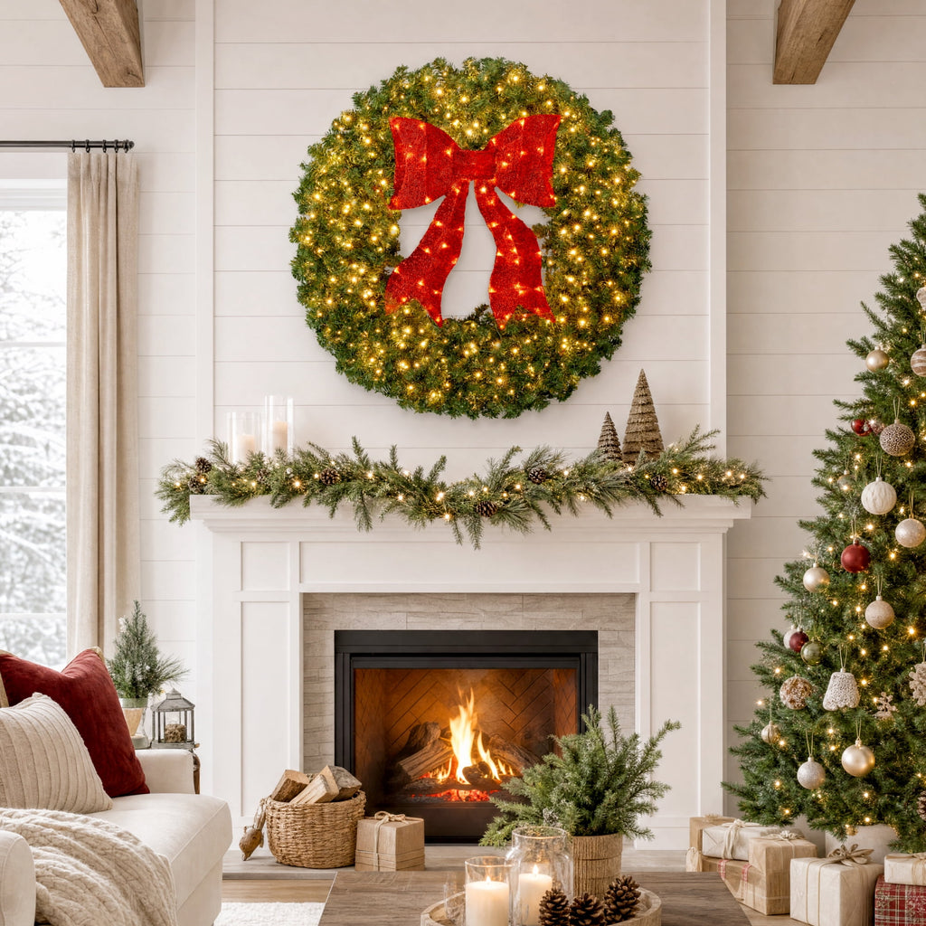 Best Choice Products 48in Artificial Pre-Lit Fir Christmas Wreath Decor w/ Red Bow, 250 LED Lights, 714 Tips, Plug-In