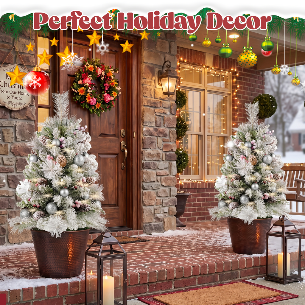 2 Pack 30 inch Prelit Outdoor Pathway Christmas Tree, Artificial Small Xmas Tree with Dual Color Berries & Balls, 30 Battery Operated Warm Lights for Holiday New Year Winter Patio Driveway Yard Lawn