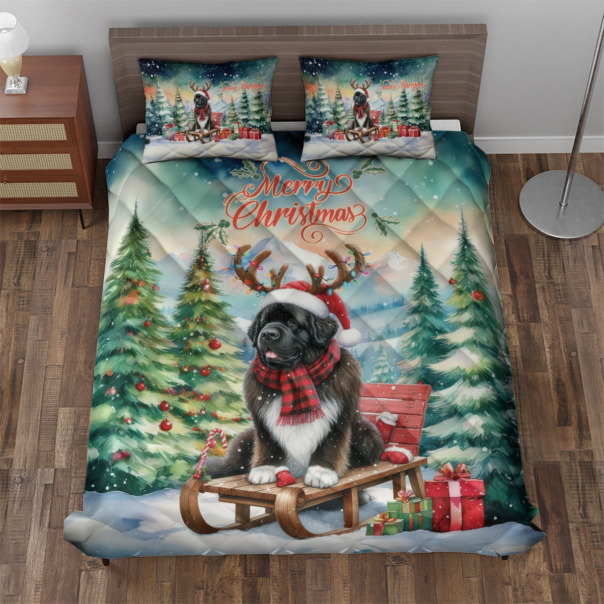 Merry Christmas Santa Reindeer Antlers French Bulldog Sleigh Xmas Winter Holiday Quilt Bedding Set Dog Lover Gifts 1 Blanket Bed Cover 2 Pillowcases - 00023